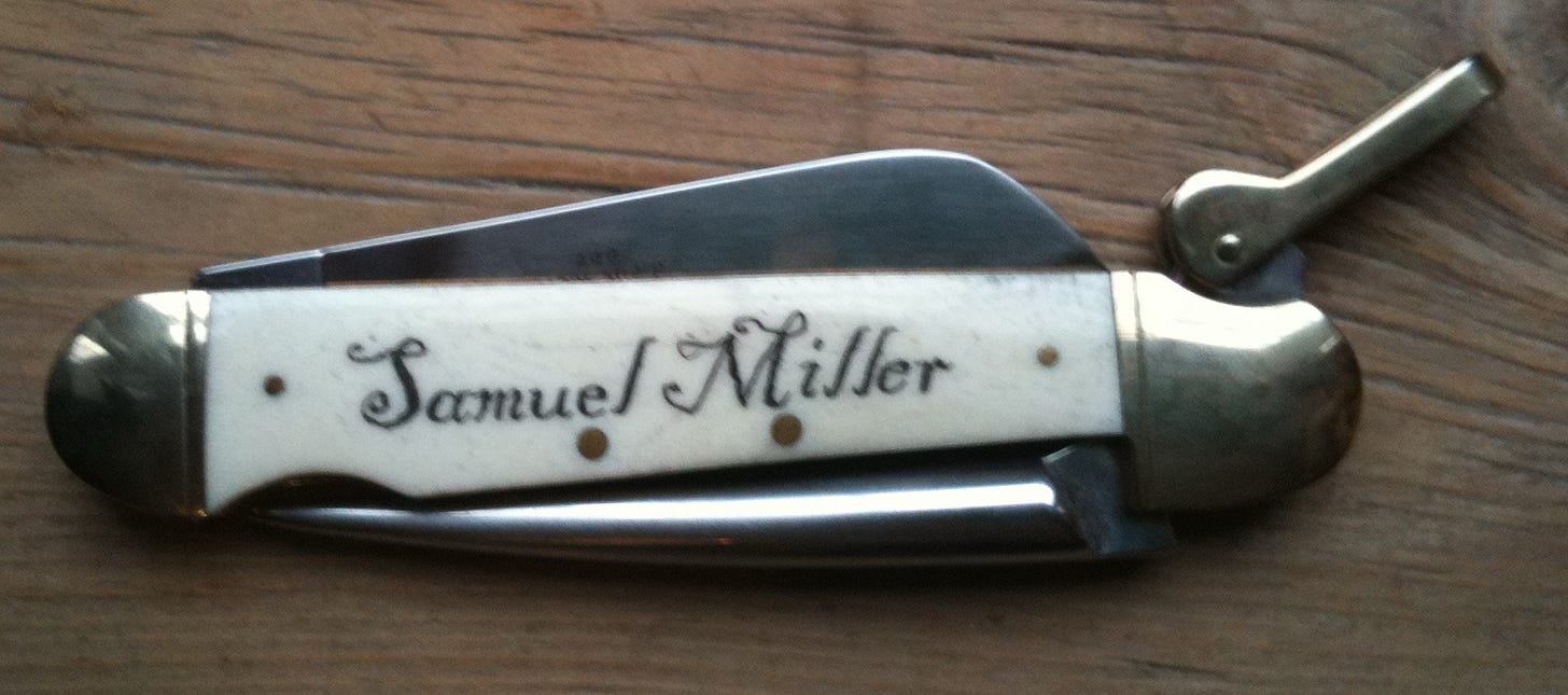 A sailor’s penknife with the name Samuel Miller inscribed on the side