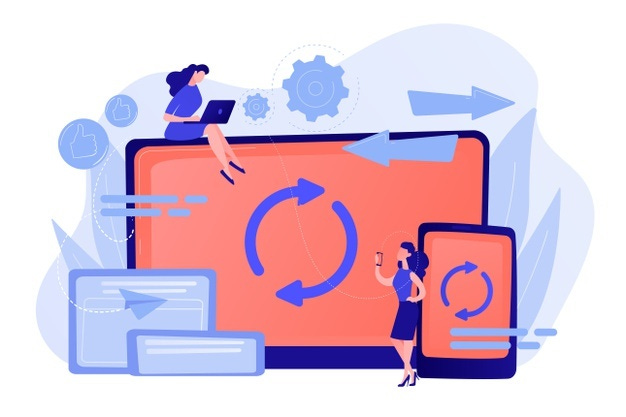Usuario con sincronización de computadora portátil y teléfono inteligente. sincronización entre dispositivos, sincronización entre dispositivos y concepto de operación ilustración aislada pinkish coral bluevector vector gratuito