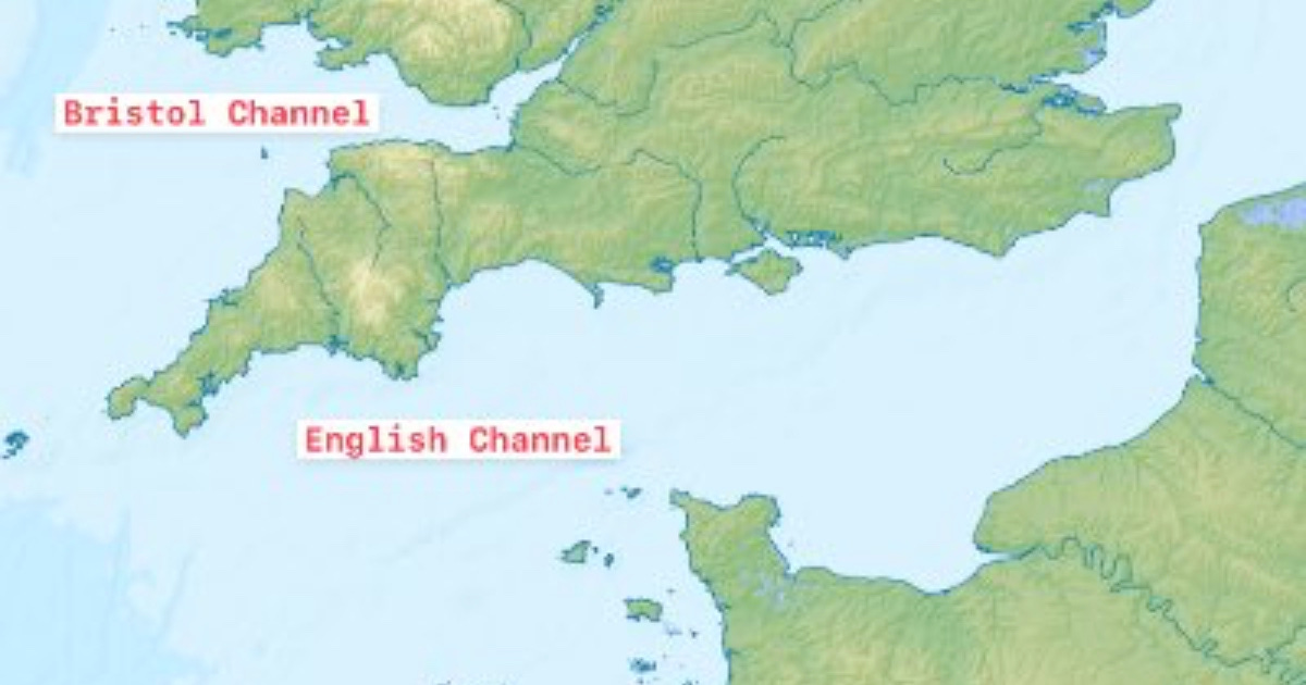 Southwest England: Bristol Channel and English Channel.