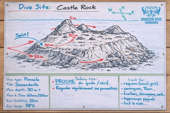 Dive map of Castle Rock in Komodo National Park showing the site layout, current direction and planned underwater route for divers. Dive map of Castle Rock in Komodo National Park showing the site layout, current direction and planned underwater route for divers.