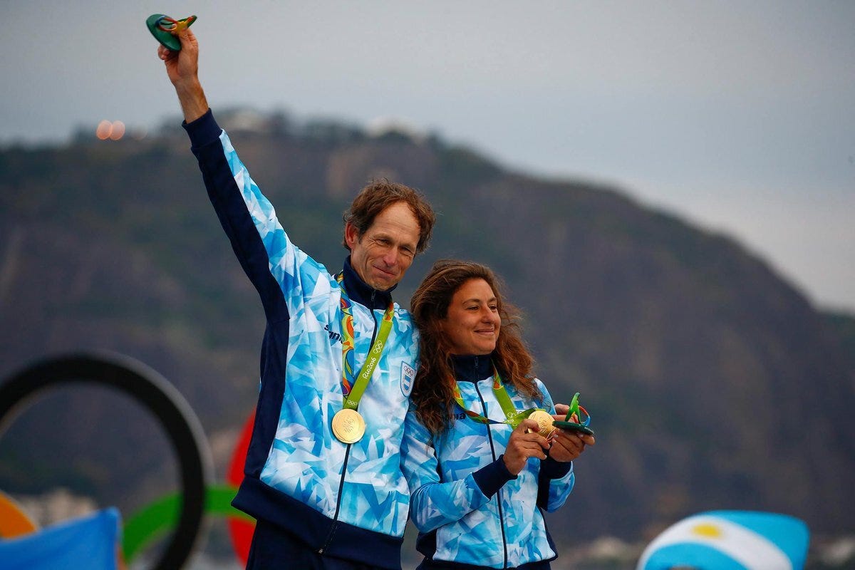 Cancer survivor Santiago Lange, with sailing partner Cecilia Carranza, winning gold medals for Argentina during the last Olympic Games. Image credit: Straits Times Cancer survivor Santiago Lange, with sailing partner Cecilia Carranza, winning gold medals for Argentina during the last Olympic Games. Image credit: Straits Times