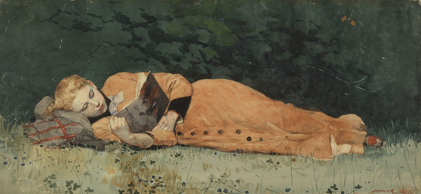 Woman in red reading in the grass Woman in red reading in the grass