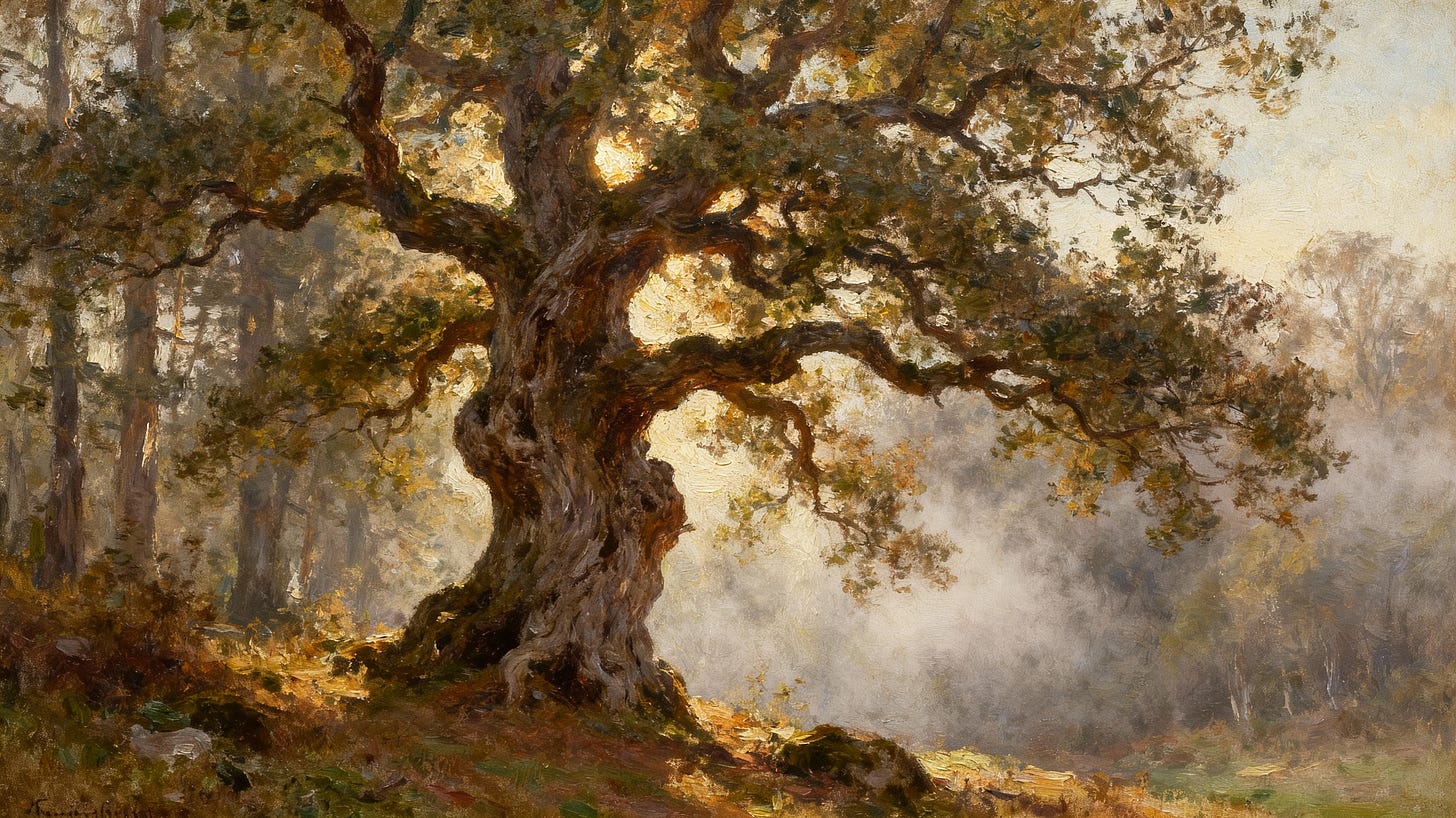 Impressionist landscape painting of the Yggdrasil tree.
