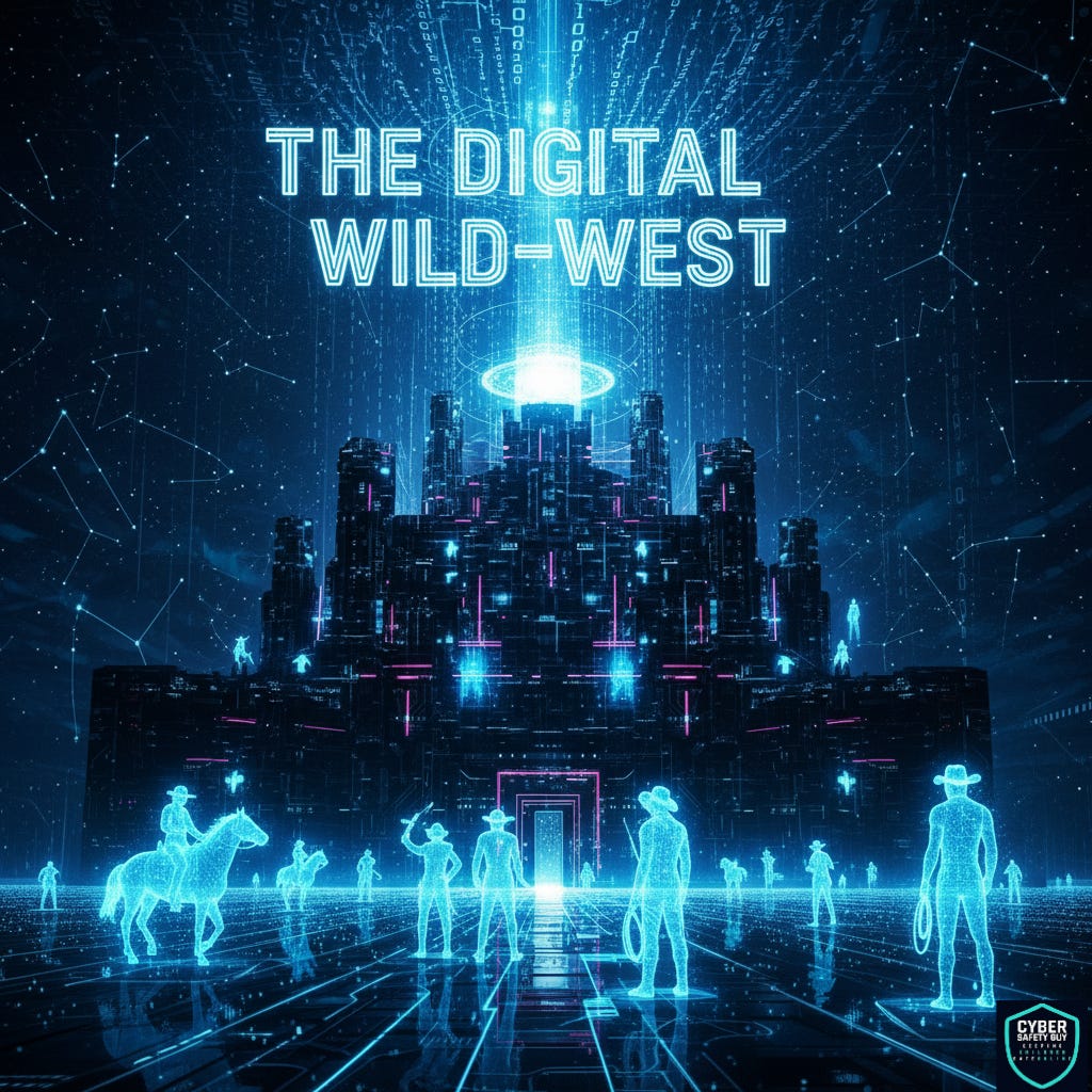 "The DigitalWild-West" image of cowboys in front of a digital castle