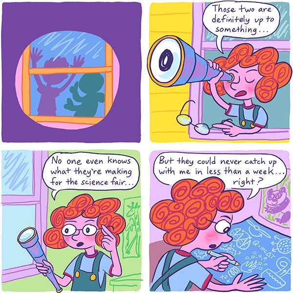 Marcia uses a telescope to watch Mark and Zark across the street. They are in their room doing something. Marcia says they are definitely up to something and that no one even knows what their science project is going to be. She looks at the blue prints of her science project on her desk and tells herself they couldn’t possibly catch up to her in just a week. The drawings on the blueprint have a propeller, flame, and water in a large vessel.