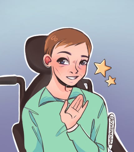 An illustrated picture of the author, Jeffrey Nurick. Jeffrey is a Caucasian man with blondish-brown hair and blue eyes. He is smiling and waving his hand. He is in his black wheelchair that has a headrest and handles and wearing a long sleeved green shirt.