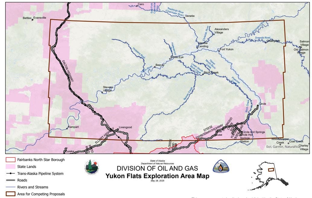 This map published by the Alaska Department of Natural Resources shows the proposed Yukon Flats Exploration Area. The land shaded in pink could be opened for oil and gas exploration. (Department of Natural Resources map) This map published by the Alaska Department of Natural Resources shows the proposed Yukon Flats Exploration Area. The land shaded in pink could be opened for oil and gas exploration. (Department of Natural Resources map)