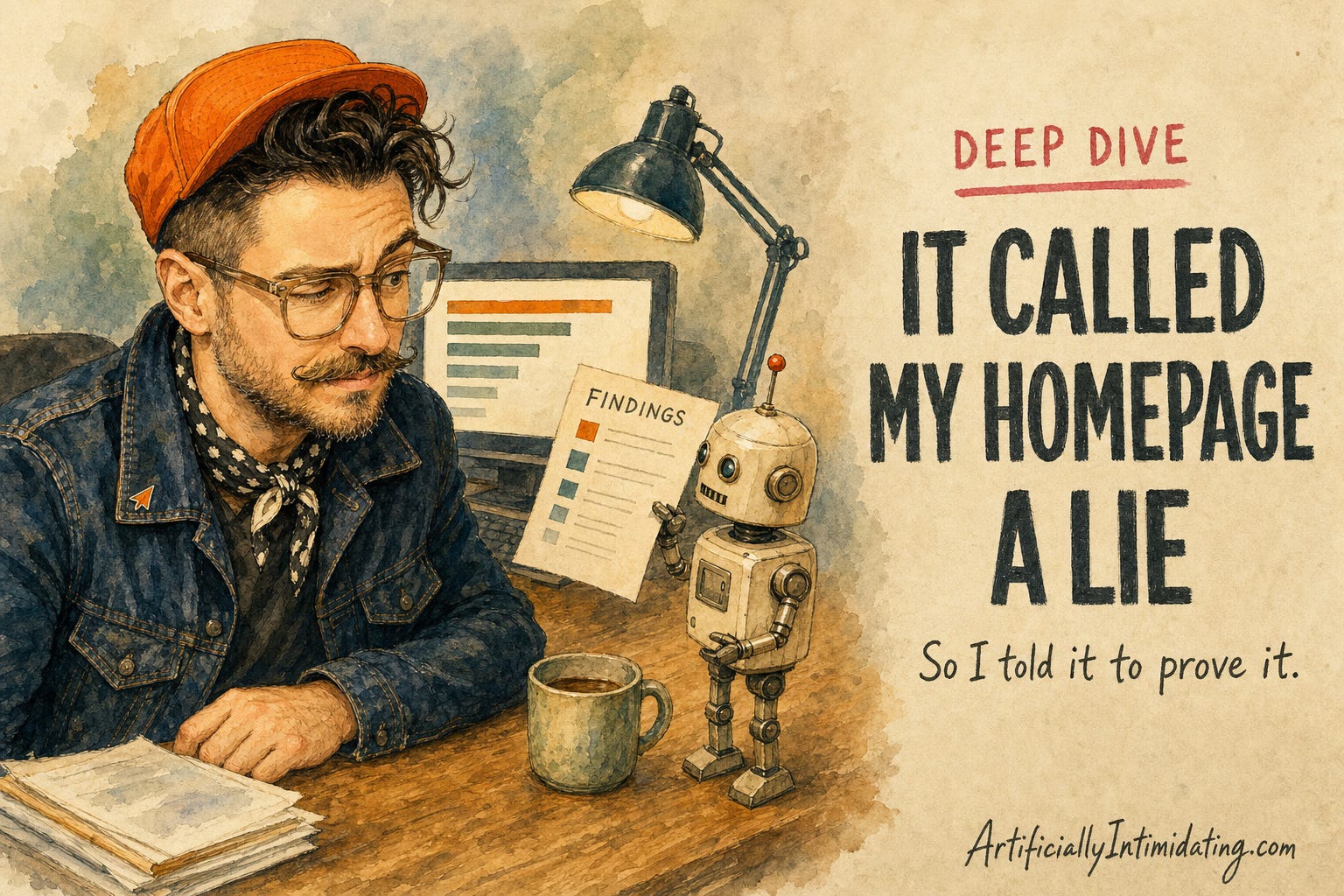 Watercolor illustration: a bearded man in an orange cap and denim jacket side-eyes a small tin robot on his desk that holds up a sheet marked FINDINGS. Lettering reads DEEP DIVE, IT CALLED MY HOMEPAGE A LIE, So I told it to prove it.