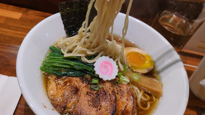 truffle shoyu ramen in a bowl from above.