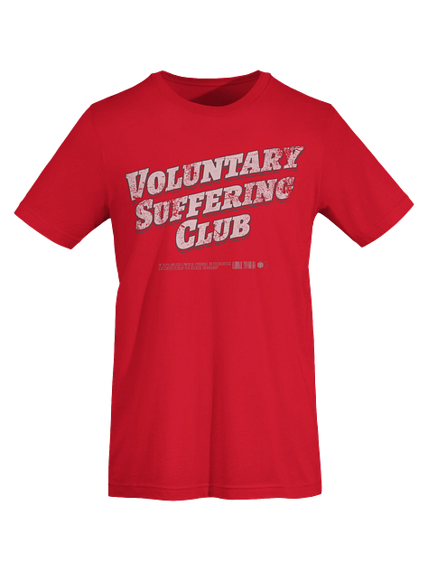 For those who willingly enter the pain cave, question their life choices halfway through, and then come back for more tomorrow!  The Voluntary Suffering Club tee features a bold vintage-style graphic with oversized varsity lettering, heavy shadowing, and a gritty definition detail underneath: “The deeply unpleasant physical, emotional, or psychological state characterized by pain, distress, or hardship.” Basically, cycling, gym work, intervals, race day, and adulthood neatly summarized on a shirt. Humanity really did invent hobbies that feel like punishment, then branded them as “discipline.” Stunning work.  Printed on a soft, lightweight fabric with a classic unisex fit, this shirt is made for training days, recovery days, coffee runs, Zwift caves, gym sessions, or quietly judging people who say “I don’t do cardio.”