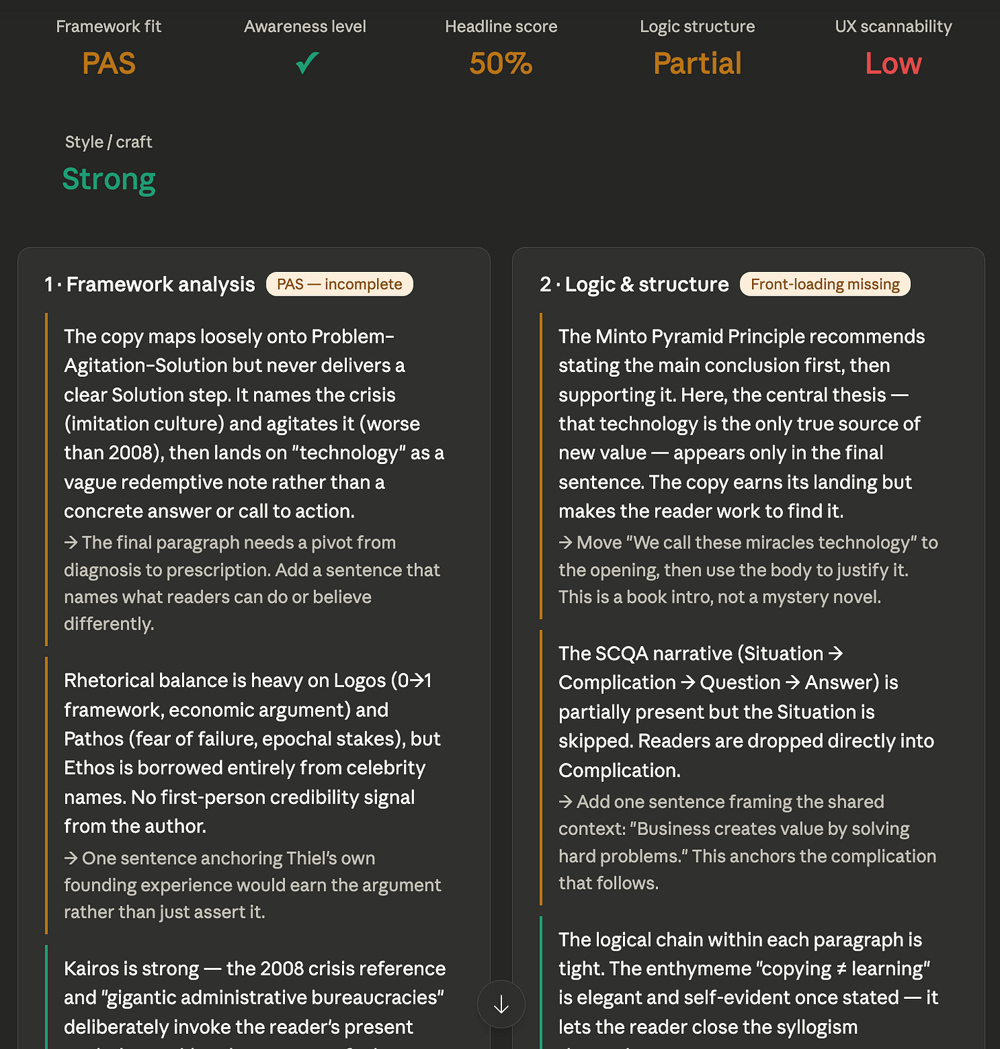 This is a screenshot snippet of Claude Desktop’s output using the copywriting-agency MCP to analyse the foreword of a textbook I had handy