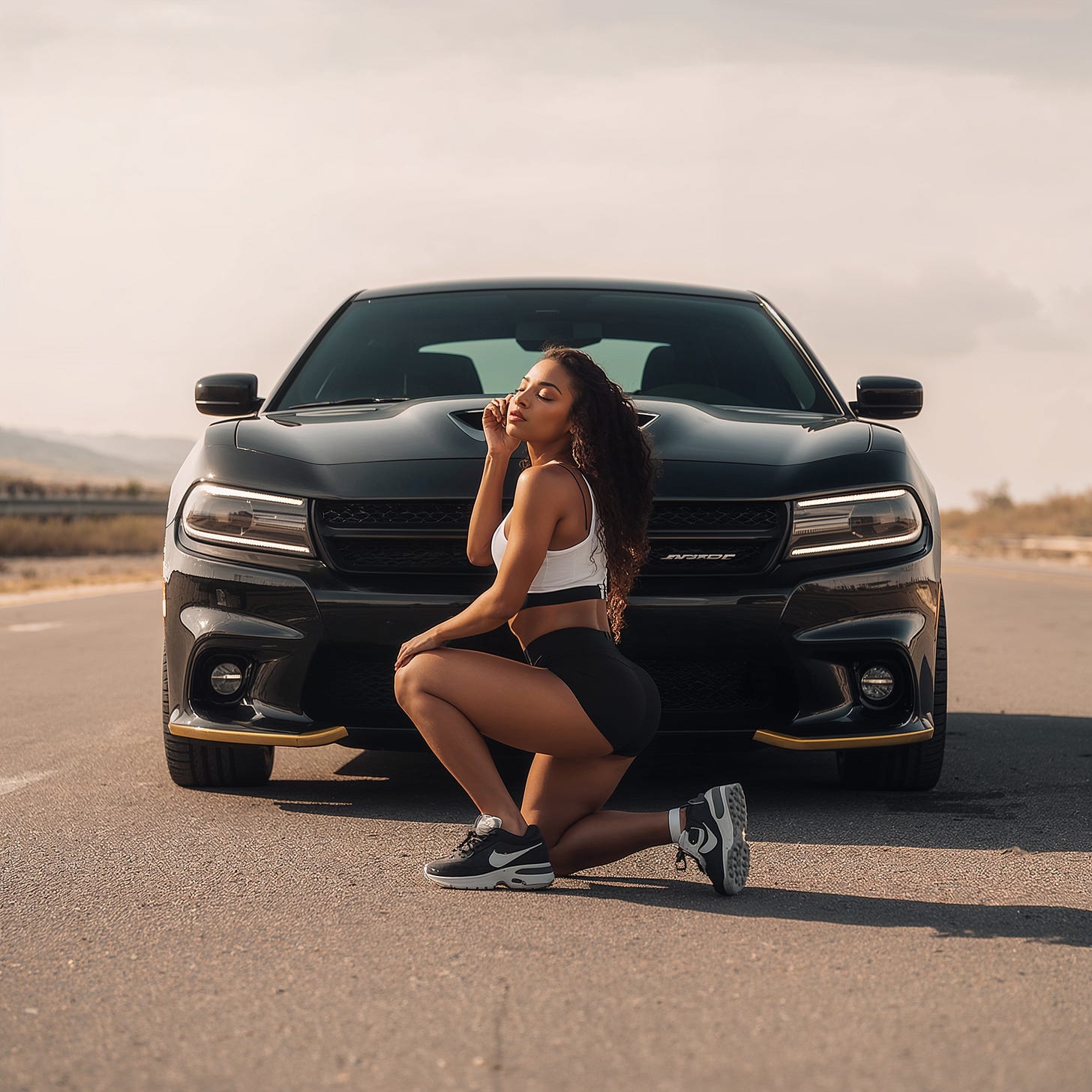 Black woman kneels in front of a black Dodge Charger on an empty desert road at golden hour, wearing a white crop top, black shorts, and sneakers, eyes closed with one hand to her cheek; the car fills the frame behind her. Black woman kneels in front of a black Dodge Charger on an empty desert road at golden hour, wearing a white crop top, black shorts, and sneakers, eyes closed with one hand to her cheek; the car fills the frame behind her.