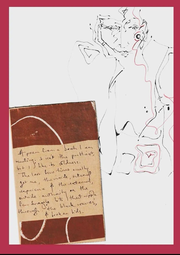 A white page against a pink background featuring an abstract line drawing of a person and a brown patterned square of paper.