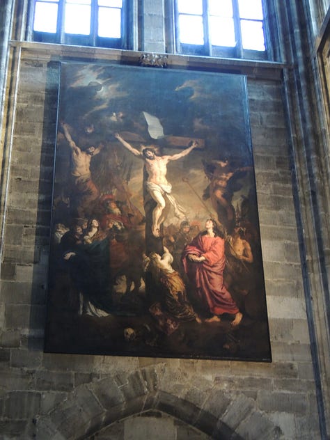 a huge gothic cathedral and photos of altars, sculptures, and architecture inside