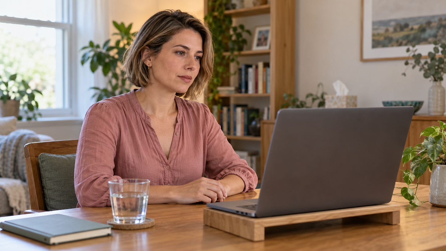 Woman in a dusty-pink blouse listening at a laptop, with water and a notebook on the table beside her.