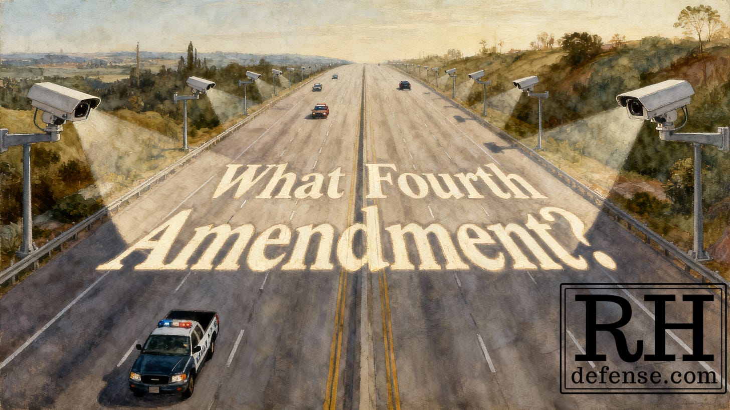 A watercolor painting of a wide California freeway lined with surveillance cameras extending toward the horizon, their spotlights illuminating huge painted words on the asphalt reading “What Fourth Amendment?” as police vehicles drive below.