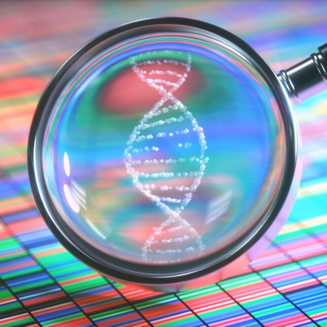 Magnifying glass showing a DNA strand. -- coverage from sTAT Magnifying glass showing a DNA strand. -- coverage from sTAT