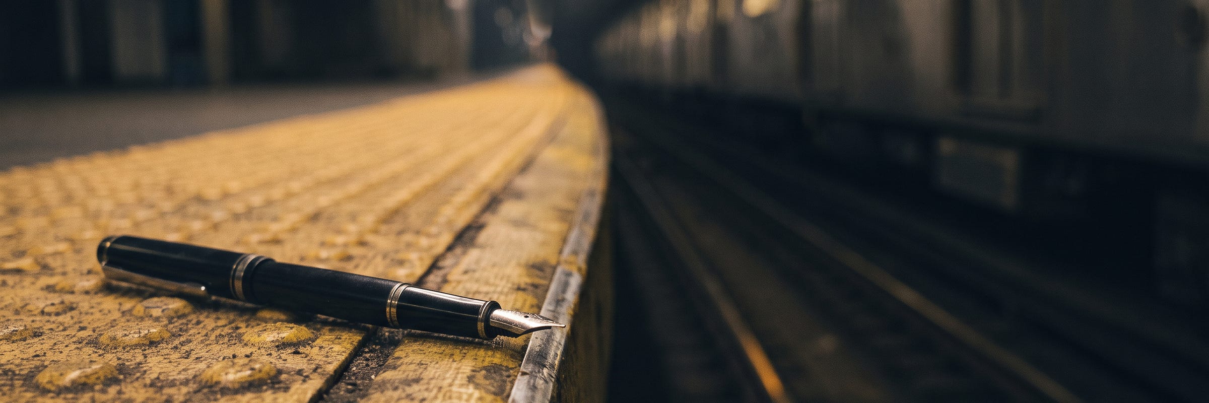 A black fountain pen lies at the very edge of an empty metro platform at night, its nib pointing out over the gap. Below, rails catch a thin line of gold light, and a train waits across the tracks with its windows glowing warm. A black fountain pen lies at the very edge of an empty metro platform at night, its nib pointing out over the gap. Below, rails catch a thin line of gold light, and a train waits across the tracks with its windows glowing warm.