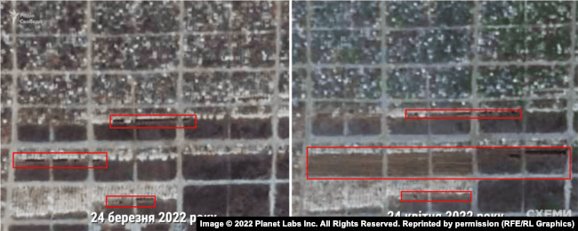 Comparison of Planet satellite images for March 24, 2022 and April 24, 2022 of mass burial in the village of Stary Krym near Mariupol