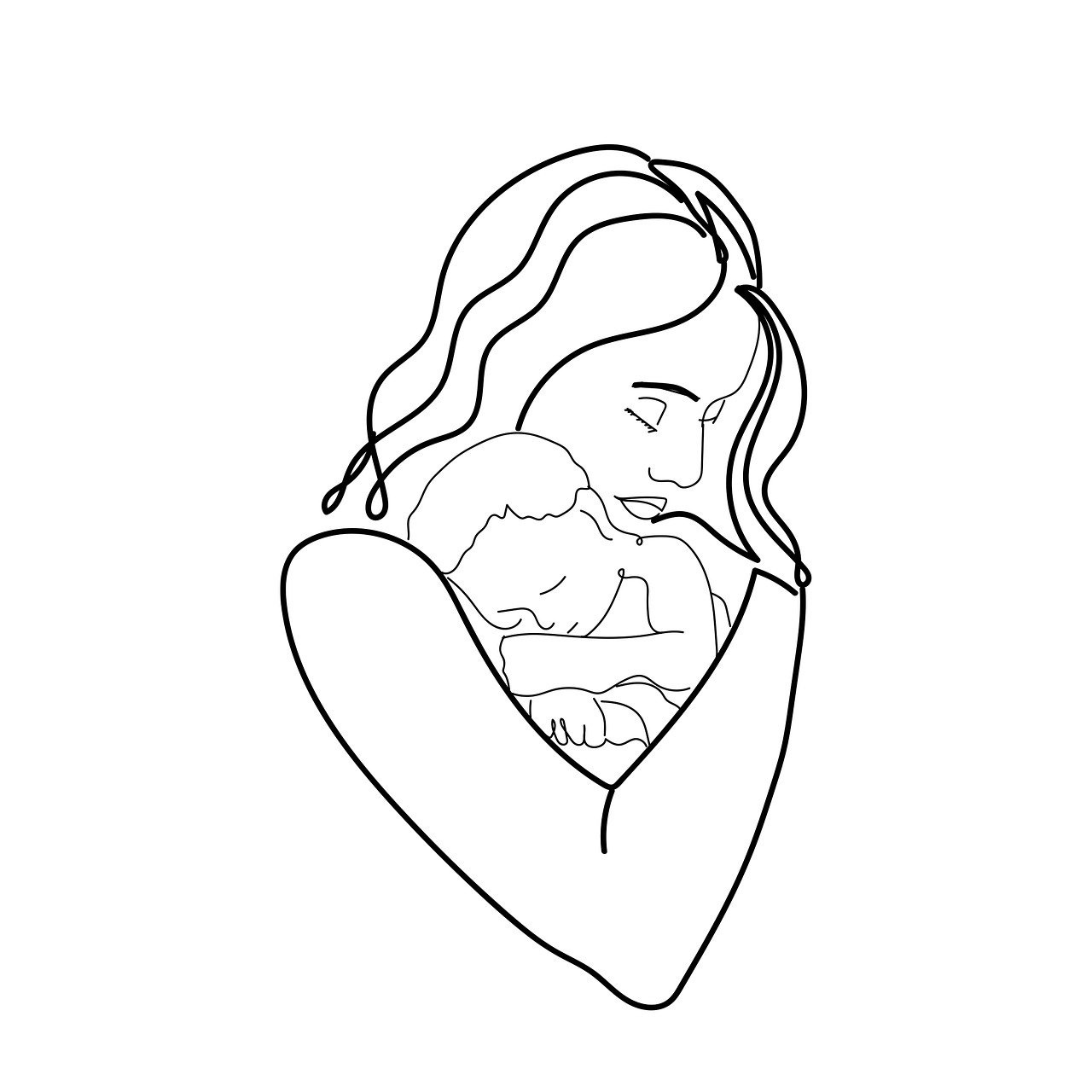 Line art drawing of a mom holding a baby.