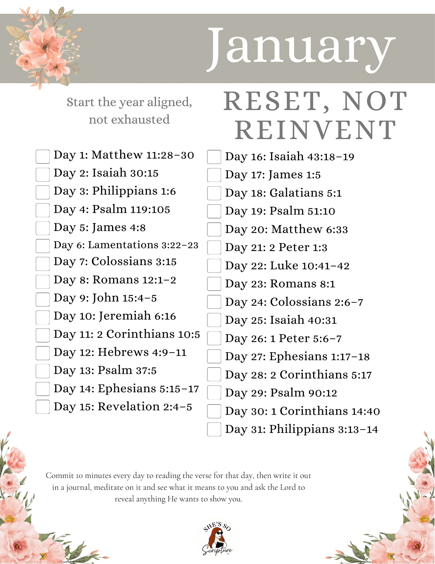Free January Scripture Writing and Bible Reading Plan titled “Reset, Not Reinvent.” Includes 31 daily Bible verses with floral design, checklist boxes, and a reminder to spend 10 minutes reading and journaling each day. Free January Scripture Writing and Bible Reading Plan titled “Reset, Not Reinvent.” Includes 31 daily Bible verses with floral design, checklist boxes, and a reminder to spend 10 minutes reading and journaling each day.