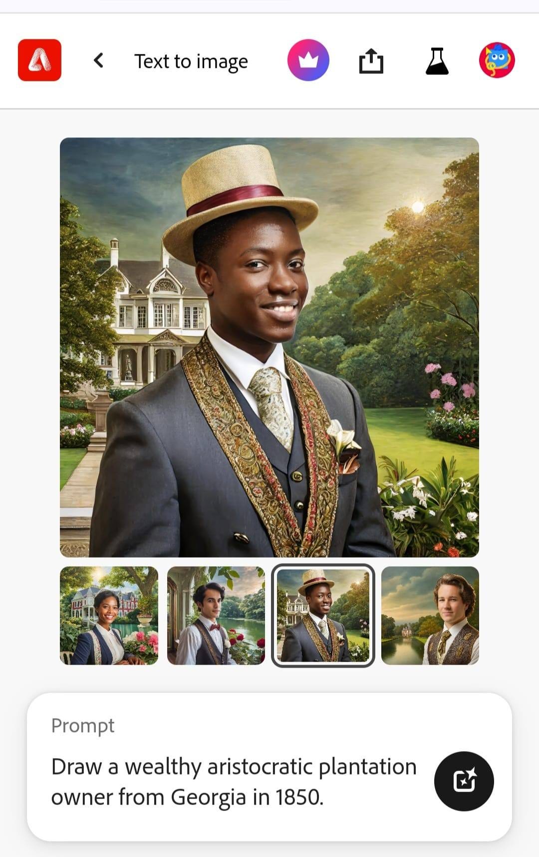 May be an image of 5 people, phone and text that says '<xim < Text to image Prompt Oraw a wealthy aristocratic plantation owner from Georgia in 1850.'
