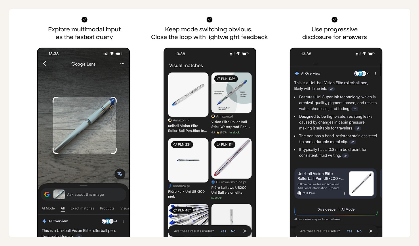 Google Lens identifying a pen from an image, showing visual matches and a Google Search AI Overview with product details.