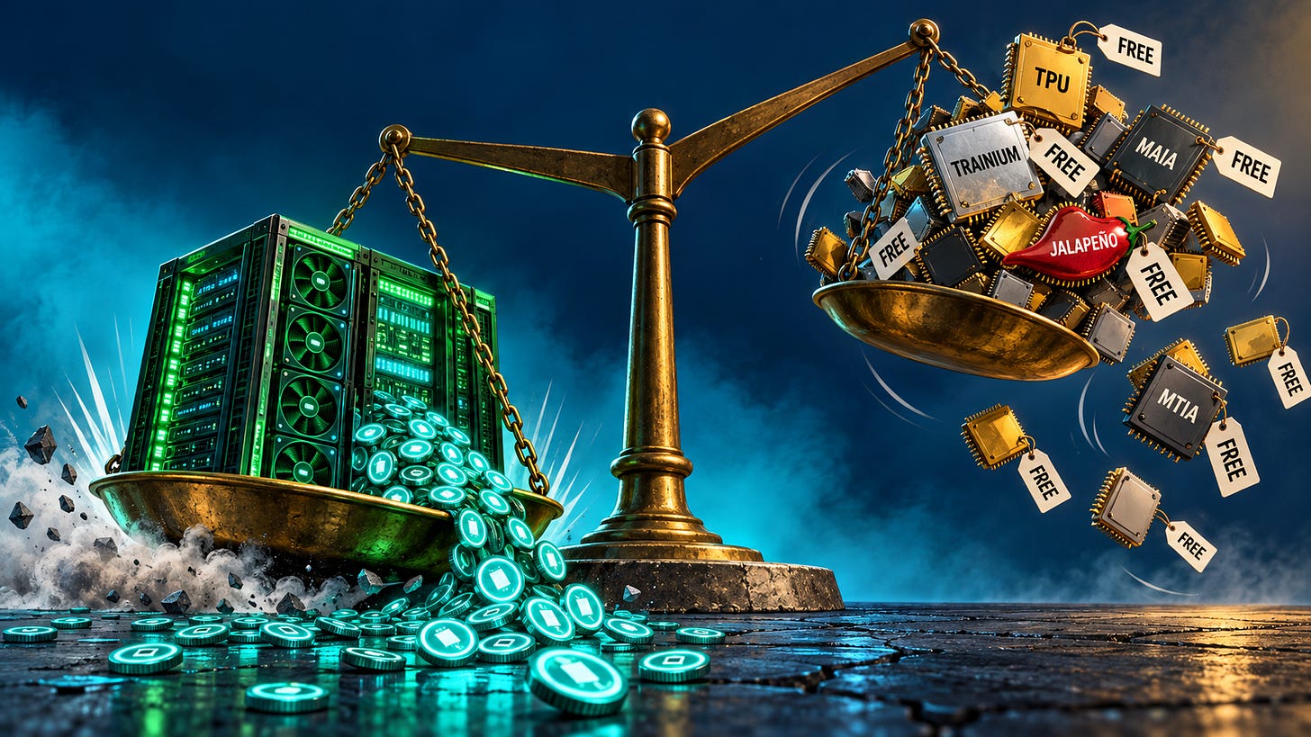 A cartoon-style editorial illustration of a brass balance scale mid-swing. The left pan holds one green GPU rack module and has crashed down hard, with a stream of glowing tokens spilling off it. The right pan has flown up into the air, spilling a pile of small chips labeled TPU, Trainium, Maia, Jalapeño and MTIA, each with a paper price tag reading FREE, some tumbling off the pan with motion lines behind them.