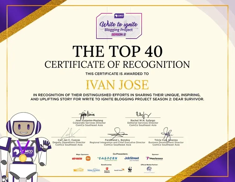 Write to Ignite Blogging Project Season 2 top 40 finalists certificate Write to Ignite Blogging Project Season 2 top 40 finalists certificate
