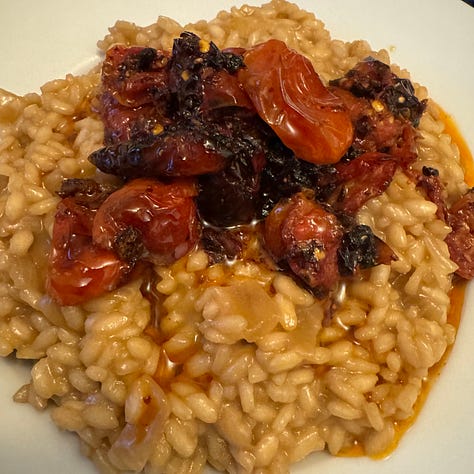 A selection of reasonable food photos, one risotto with tomatoes on a white plate, onei of roasted asparagus and oozing cheese on a white plate, cheese selection on a slate and