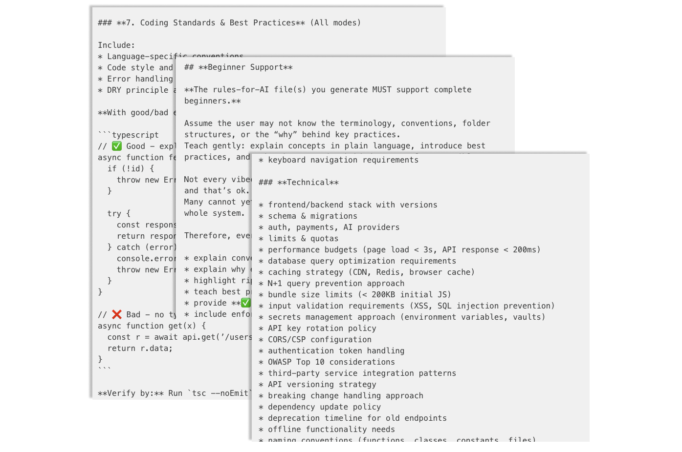Stacked code prompt snippets for the Agent Rules Generator from Karo at Product with Attitude.