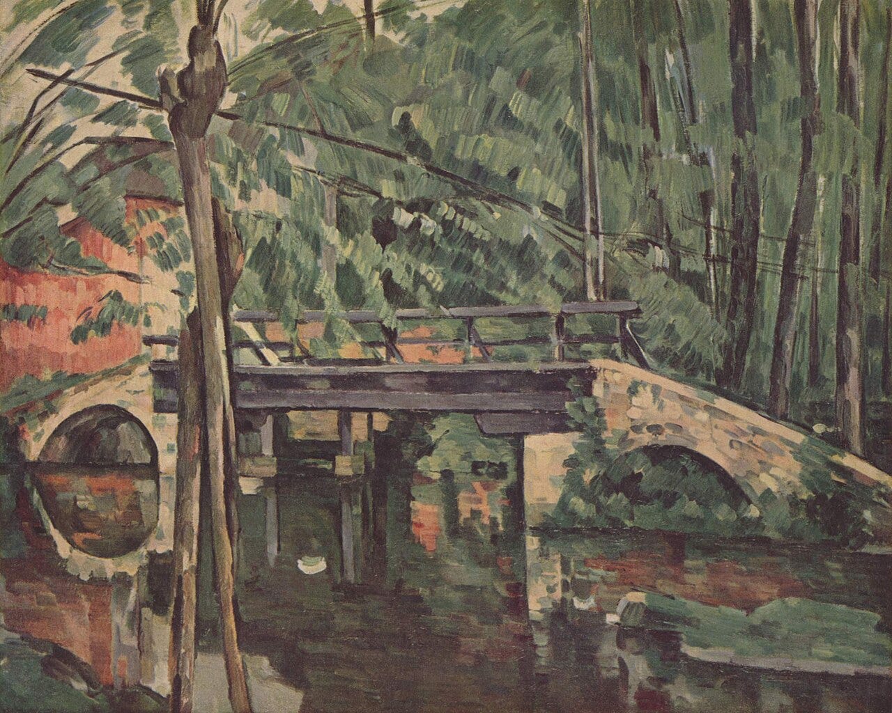 A small stone bridge over a still stream, built from firm blocky patches of green and blue A small stone bridge over a still stream, built from firm blocky patches of green and blue