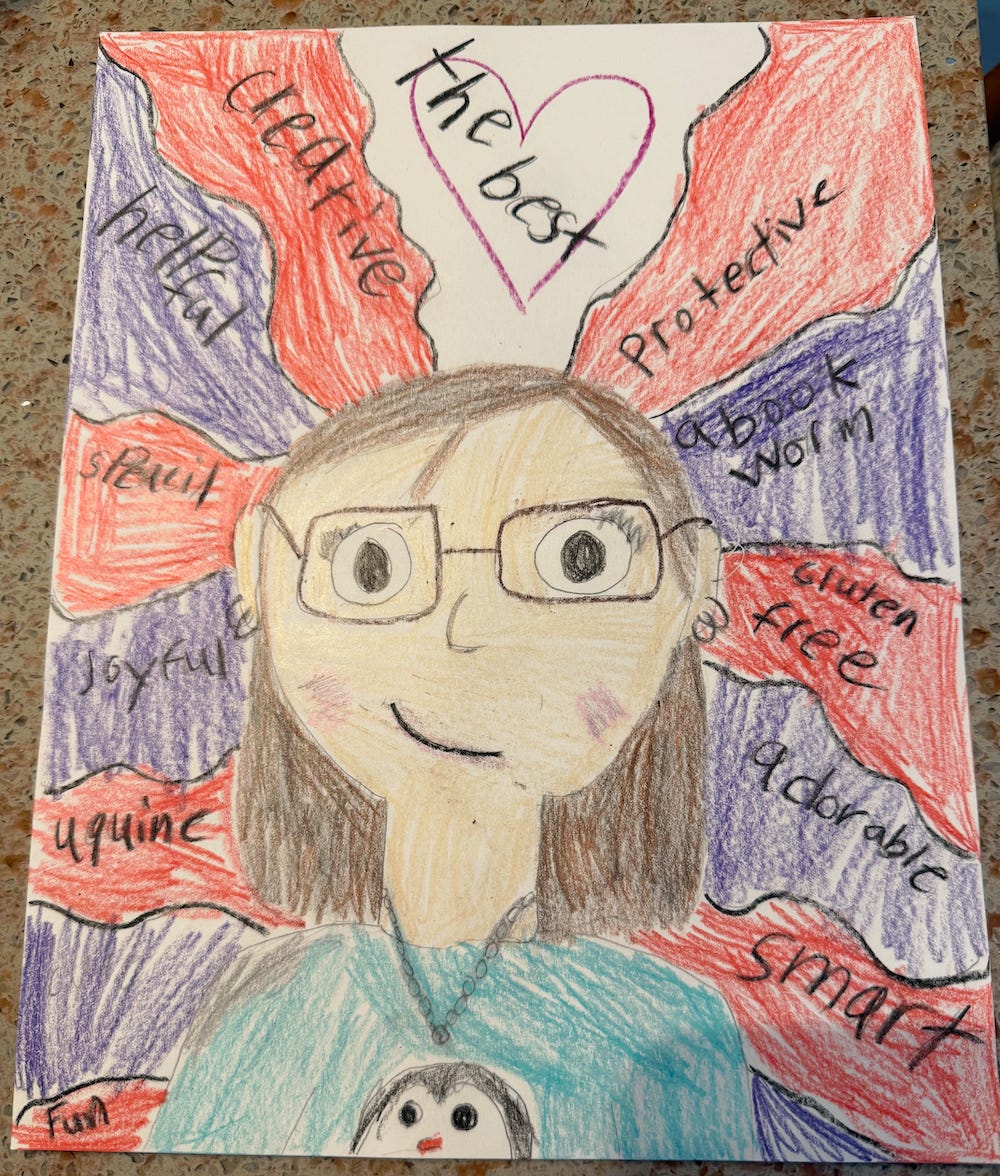 Child's drawing of a woman with glasses with positive words around the drawing