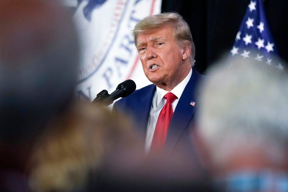Former President Donald Trump visits with campaign volunteers at the Elks Lodge in Cedar Rapids, Iowa, on July 18, 2023. Former President Donald Trump visits with campaign volunteers at the Elks Lodge in Cedar Rapids, Iowa, on July 18, 2023.