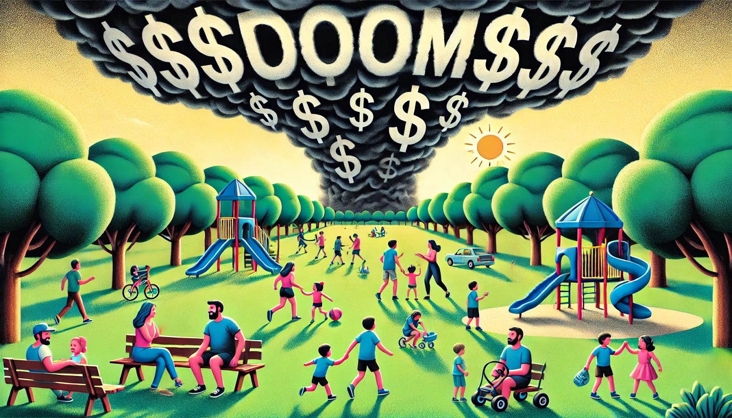 A peaceful park scene with families and friends enjoying a sunny day, playing, and talking. Above them, the sky is dark and stormy, filled with ominous clouds spelling 'DOOM' and dollar signs, creating a stark and scary juxtaposition between the serene park and the threatening sky.