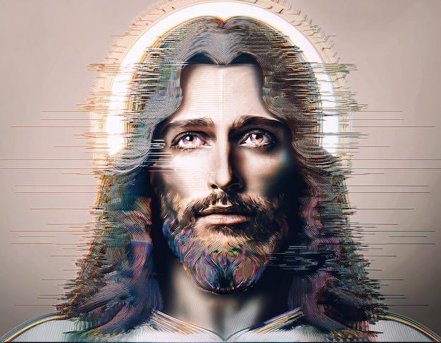 Jesus with Cyborg Face and Glitch Effect on Neutral Beige Background |  Premium AI-generated image