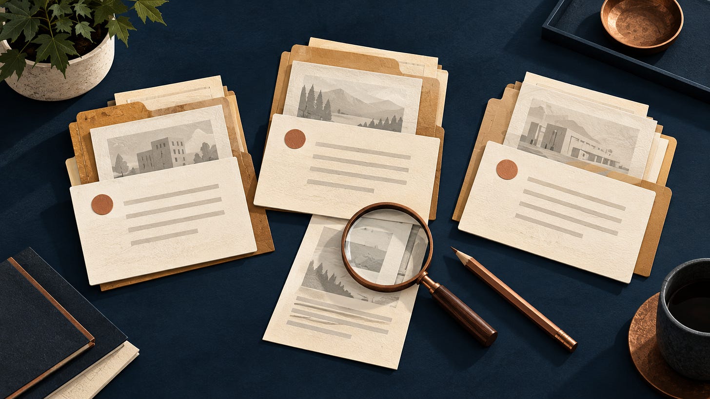 Conceptual illustration of cream request cards paired with document folders, a magnifying glass and a copper pencil on a navy desk.