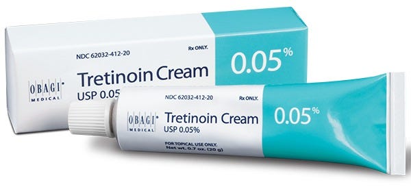 A tube of Tretinoin Cream 0.05% is placed in front of its white and teal rectangular box packaging. The tube and box both display the brand name "Obagi Medical" and product information, including concentration and usage indications.
