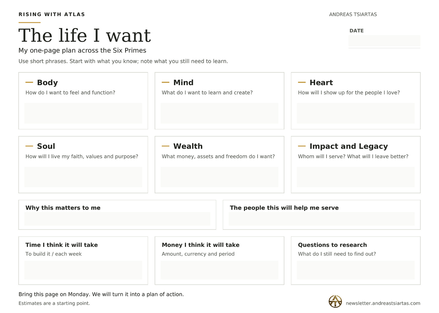 One-page Six Primes worksheet with spaces for desired outcomes, purpose, service, estimated time and money, and questions to research.