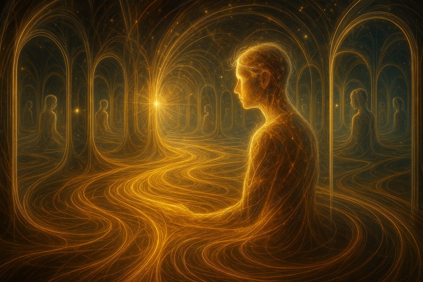 A luminous human figure made of flowing light strands sits within a cosmic hall of mirrors, surrounded by rippling wave-patterns and reflective structures. Trails of golden attention-threads extend from the figure into the environment, shaping and reshaping the space around them.