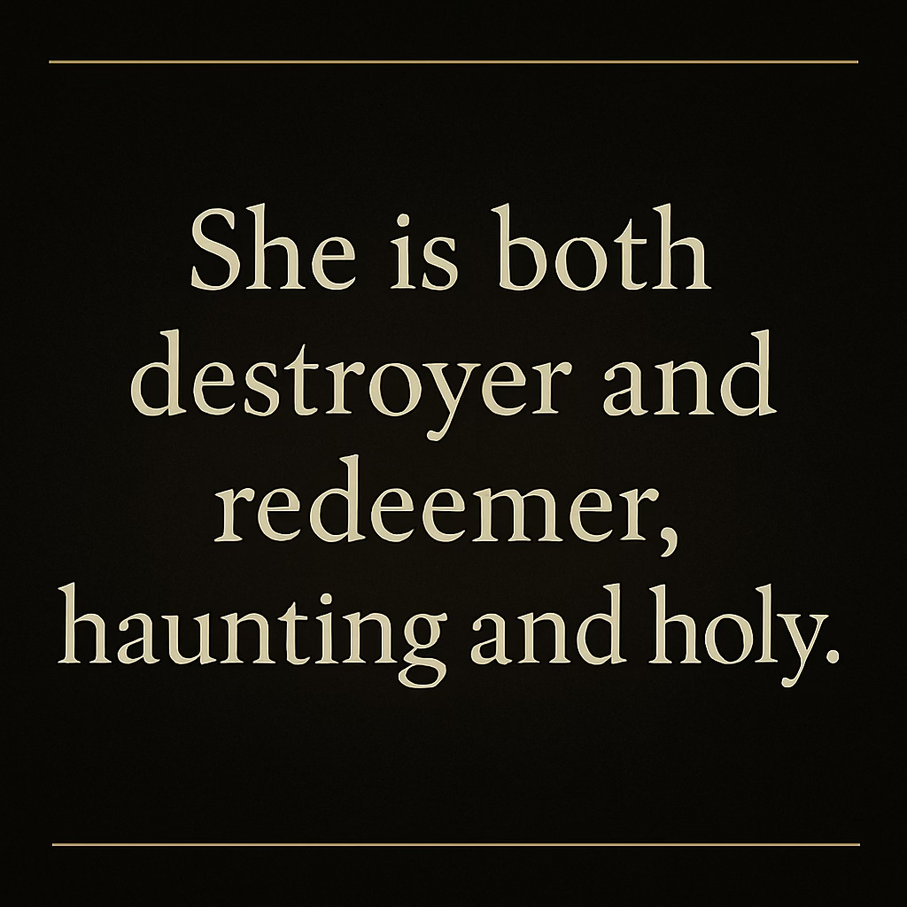 Quote card with the words “She is both destroyer and redeemer, haunting and holy.” displayed in serif font on a dark stage background. A warm spotlight shines from the upper left, with a deep burgundy tone framing the image.