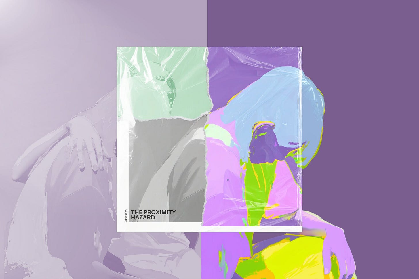 A digital collage composed of two distinct images overlaid with a square album cover against a split background of pale lavender and deep violet. Centered is the album cover, which features a torn-paper design splitting a single scene: on the left, a desaturated, ghostly grayscale view of a hand resting gently on a boy’s shoulder; on the right, a hyper-saturated view of the same boy, highly stylized with light blue hair, bowing his head in a vibrant purple and neon-green palette. The entire central square is finished with a crinkled plastic shrink-wrap overlay, and the lower-left corner reads "The Proximity Hazard." Part of the Viewlines series at The Subtext Review.