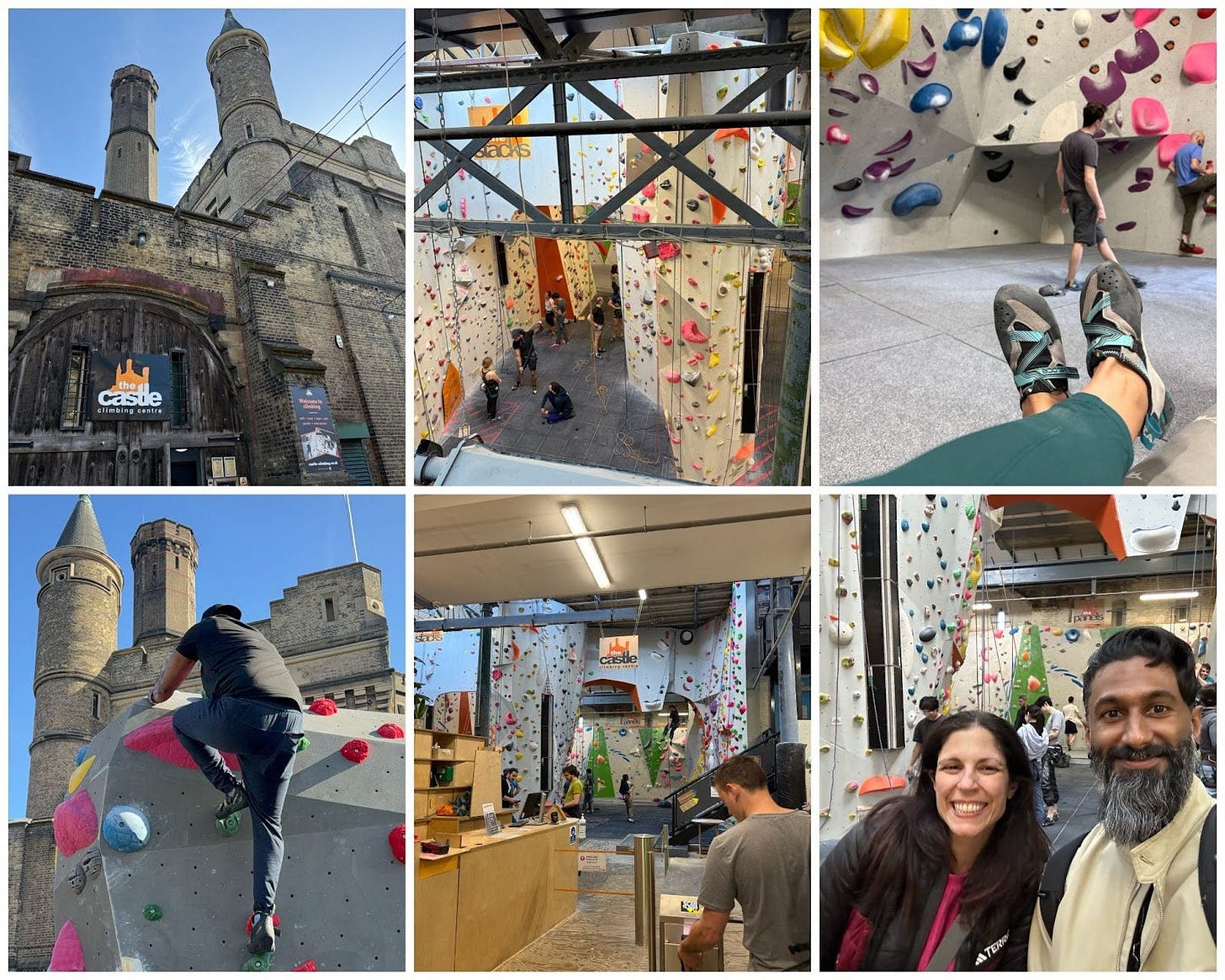 A collage of images showing various scenes from The Castle Climbing Centre. The top left image: building’s exterior, resembling a castle with towers. The top middle image: an indoor climbing wall with several people actively climbing and belaying. The top right image: a close-up of climbing shoes alongside a climbing wall adorned with colorful holds. The bottom left image: a person climbing an outdoor boulder wall. The bottom middle image: the reception area of the climbing center.