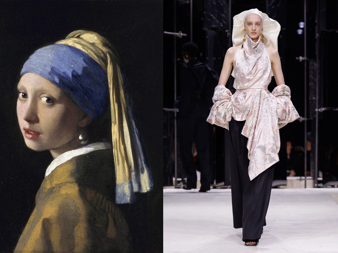 Two side-by-side images: Vermeer’s Girl with a Pearl Earring wearing a blue and yellow head wrap, and a Givenchy runway model wearing a pale sculptural headpiece wrapped around the head and neck. Two side-by-side images: Vermeer’s Girl with a Pearl Earring wearing a blue and yellow head wrap, and a Givenchy runway model wearing a pale sculptural headpiece wrapped around the head and neck.