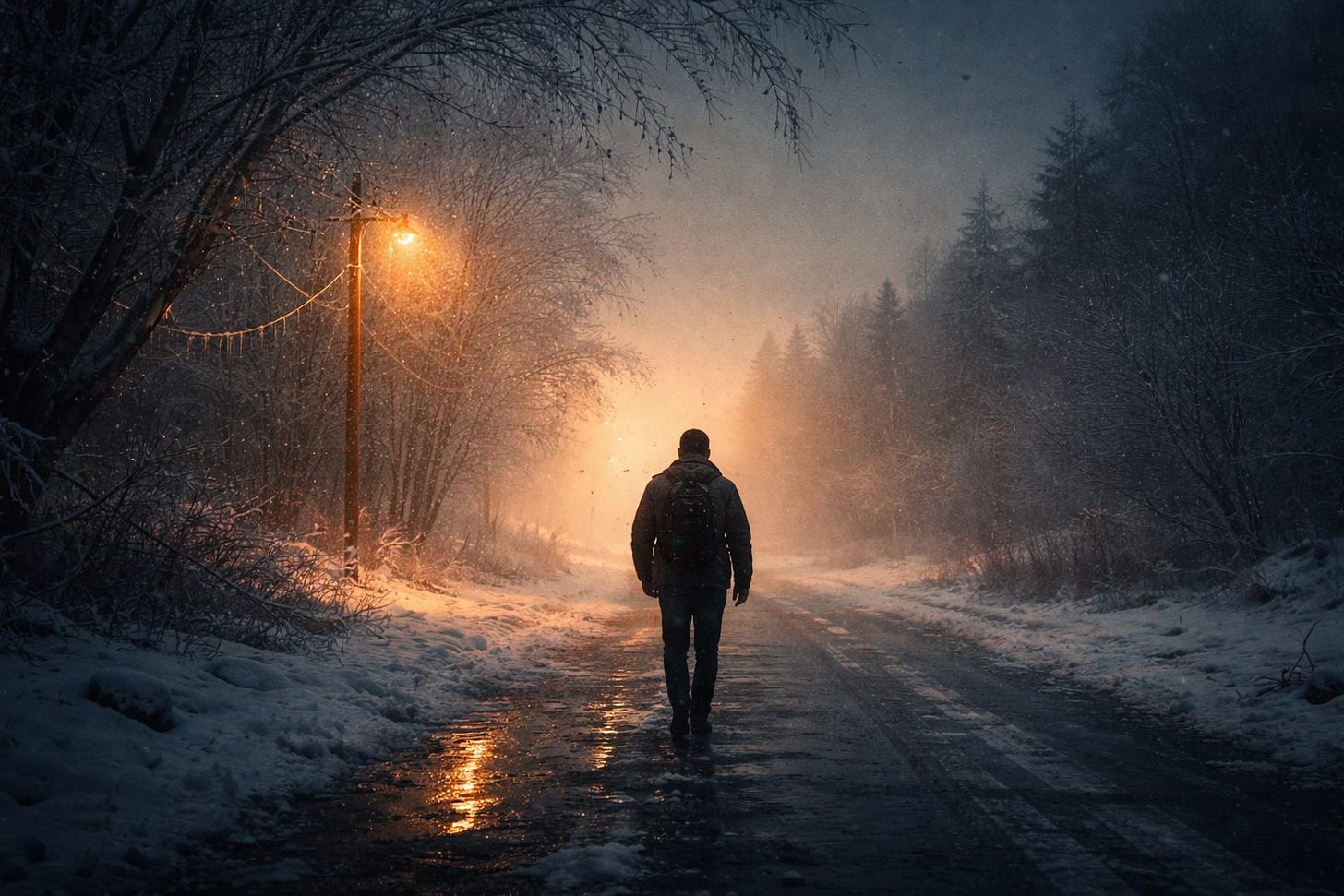 A man walks down a dark, icy road, alone.