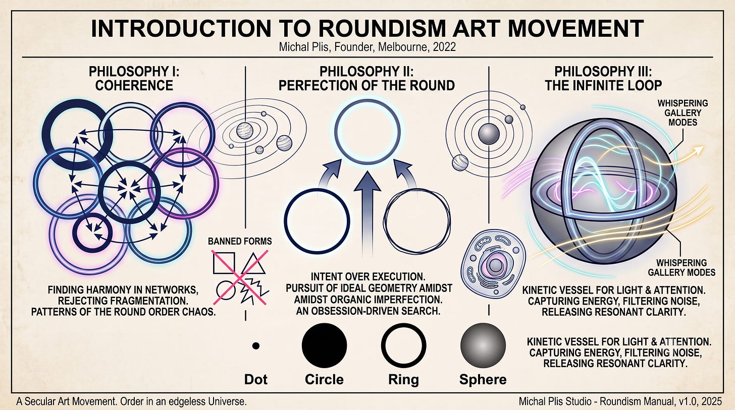 Here are short, clear, and descriptive alt texts for each of the eight images in the document, optimized for web accessibility: 1. Introduction Infographic Alt Text: An infographic chart titled "Introduction to Roundism Art Movement" by founder Michal Plis, outlining the movement's three core philosophies, banned angular forms, and the four accepted edgeless shapes. Here are short, clear, and descriptive alt texts for each of the eight images in the document, optimized for web accessibility: 1. Introduction Infographic Alt Text: An infographic chart titled "Introduction to Roundism Art Movement" by founder Michal Plis, outlining the movement's three core philosophies, banned angular forms, and the four accepted edgeless shapes.