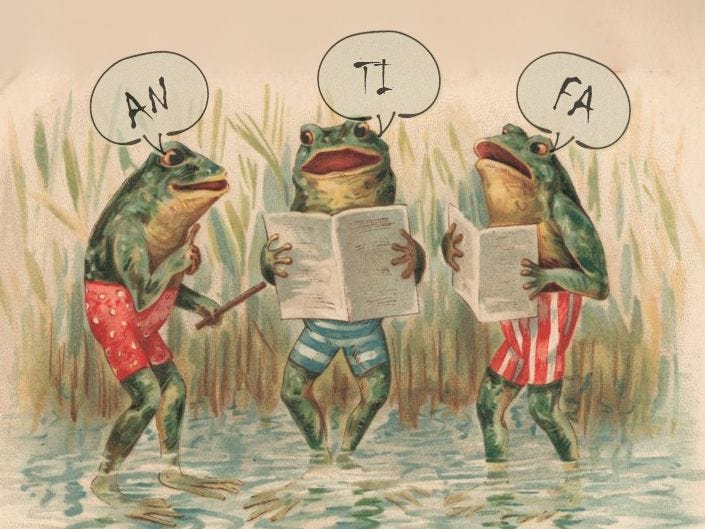 A reproduction of an antique post card with three cartoon frogs each singing one note: an ti fa