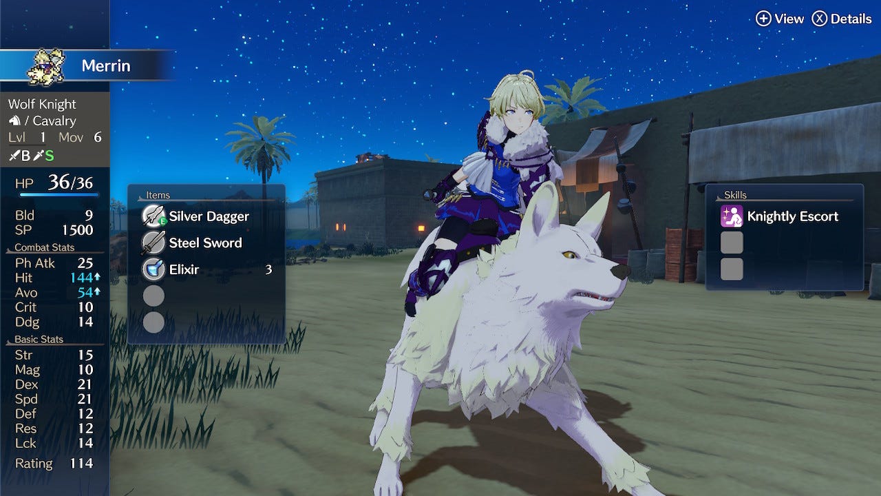 Alt text: A Screenshot of Fire Emblem Engage showing the character Merrin, a Wolf Knight on her level up screen riding her wolf, who is a very good boy.