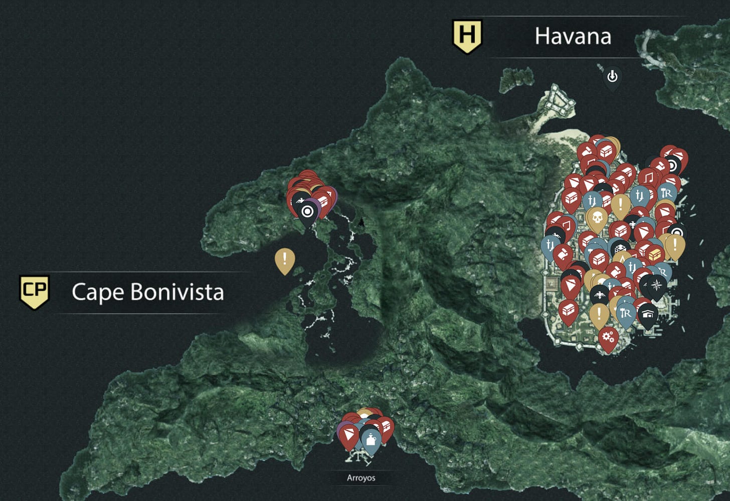 A portion of the map of Assassin's Creed IV: Black Flag. Map shows a certain area fully covered with various icons denoting to various quests and collectibles
