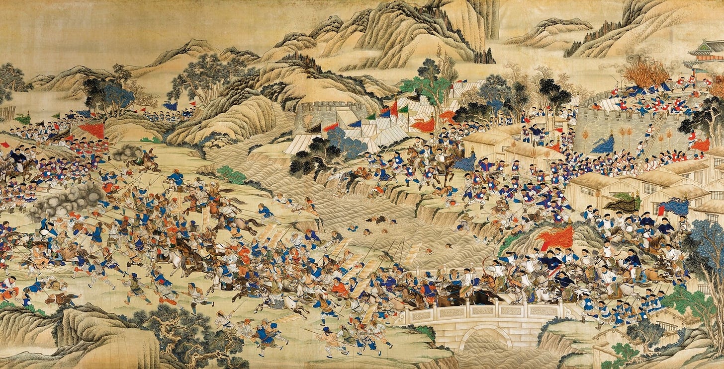 The Taiping rebels can be seen retreating across a bridge pursued by Chinese imperial forces during ...